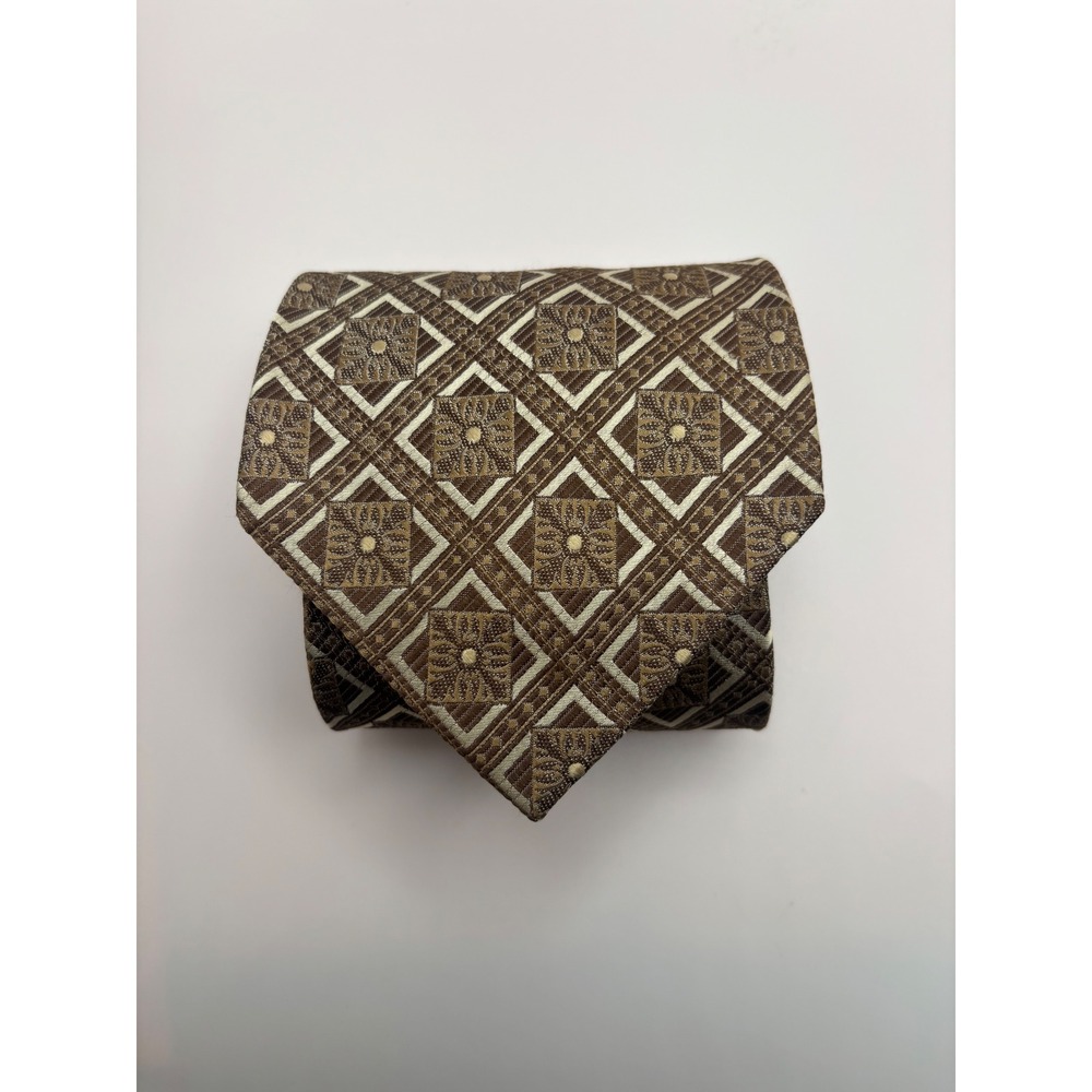 Courage Mens Silk Tie Brown Tan Geometric Diamond Hand Made Necktie RN 113752